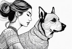 dog in the air facing woman and trying to reach her hand and woman as her back facing us tattoo idea