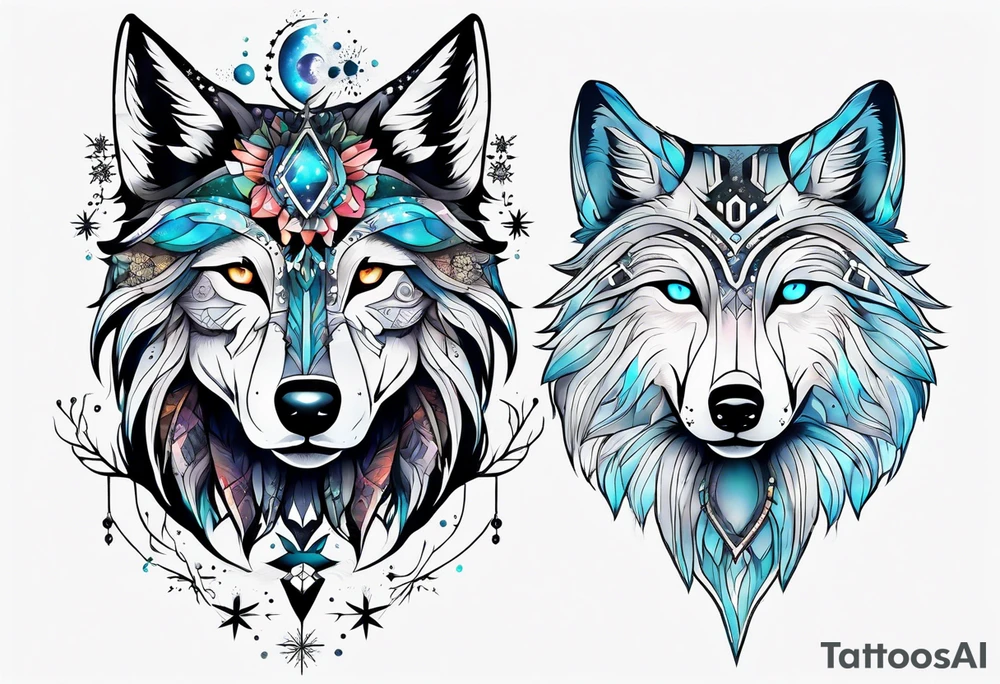 Constellation, two animal alien wolf, snowflake tattoo idea