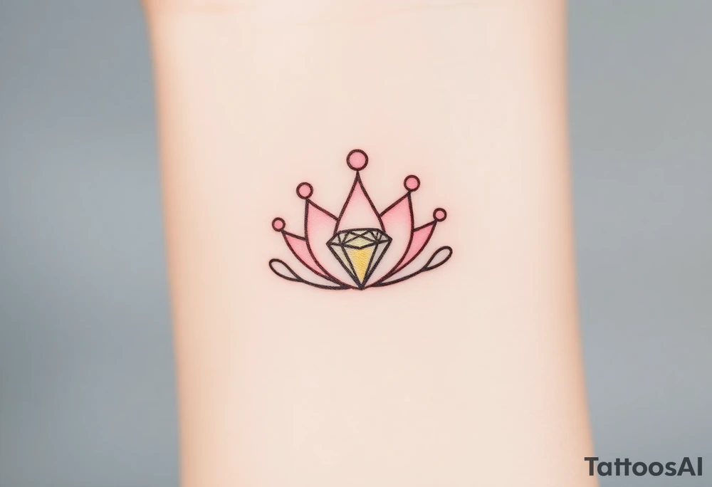 A crown with one perfect diamond in the center, shaded in soft pastel pink and light gold for a subtle, elegant touch tattoo idea