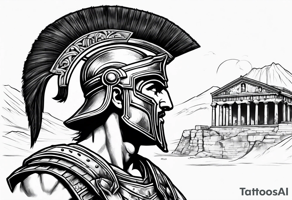 Side profile Spartan Solider ancient roman city in the background tattoo idea