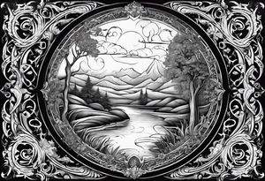 Design a keyhole with intricate patterns, where one side represents a serene and heavenly scene while the other reveals a chaotic and infernal landscape, symbolizing the possibility of redemption. tattoo idea
