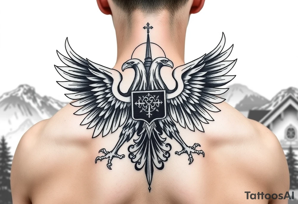 i am looking at getting a russian / serbian style double headed eagle like the coat of arms spread out on my back neck across my shoulders / traps in a orthodox christian church style setting with a sun beaming and in a mountainous setting, such as a Sovereign of the Mountain and an orthodox church in the background with the spire of the church being visible on my neck tattoo idea