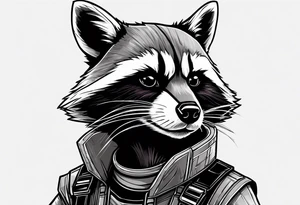 Rocket raccoon sitting with a small black  house cat tattoo idea