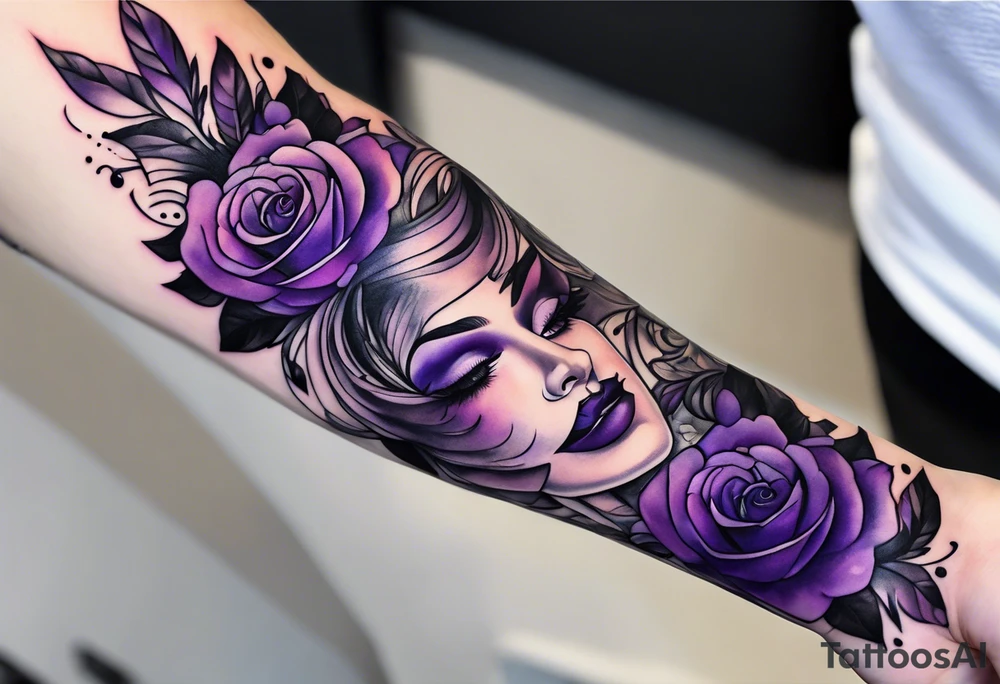 lines around wrist, abstract, black and purple, covered from wrist to forearm, fully covered, no borders, blackwork, no faces tattoo idea