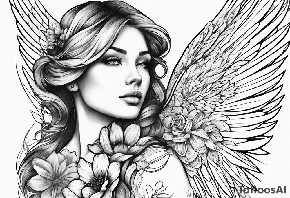 wing angel, flower, , tattoo idea