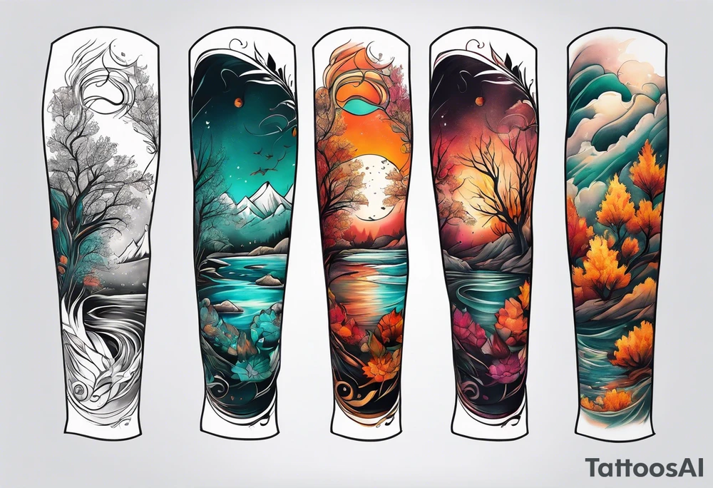 Knee tattoo in fall colors with water flow washes tattoo idea