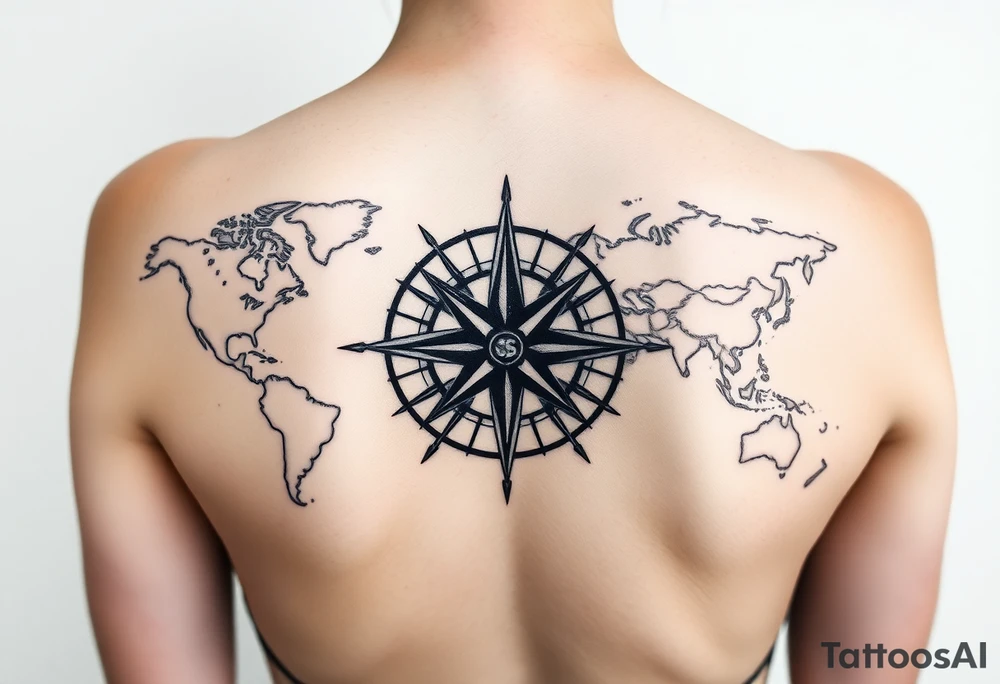 antique compass rose overlaid on weathered world map with sailing ships tattoo idea