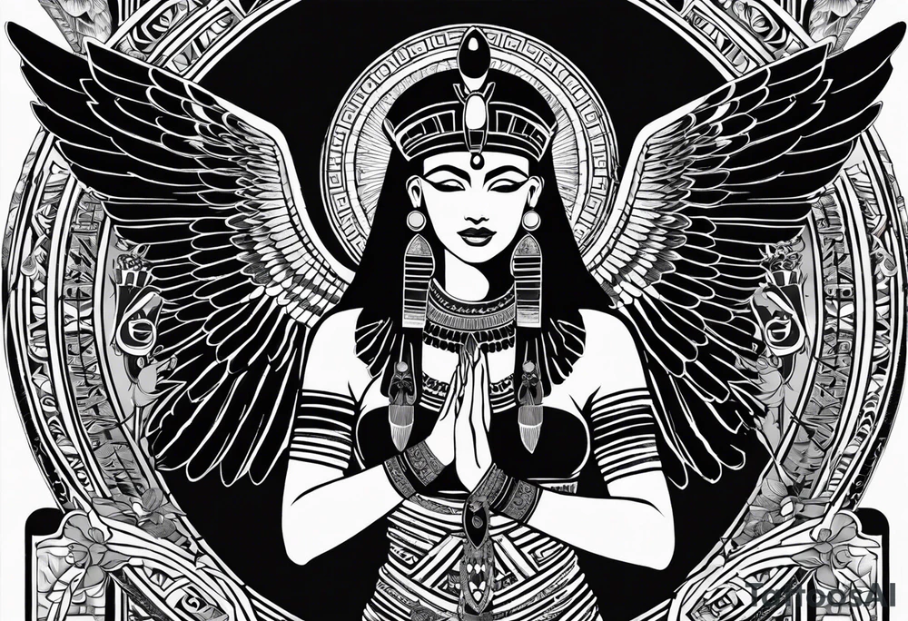black and white Egyptian goddess Isis, who is often depicted as a woman with outstretched wings, holding an ankh (a symbol of life) in one hand and a lotus flower in the other. Her headdress often includes a throne or a solar disk. The tattoo design can vary in style and size, but it typically aims to capture the essence of this revered Egyptian deity, emphasizing her beauty, power, and maternal qualities. The choice of colors and additional elements can also be customized to create a unique and visually striking representation of the goddess Isis tattoo idea