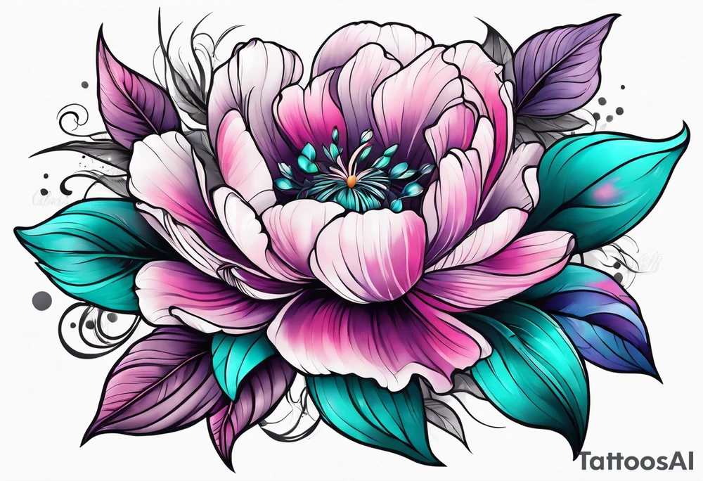 Teal, pink and purple flower sleeve tattoo idea