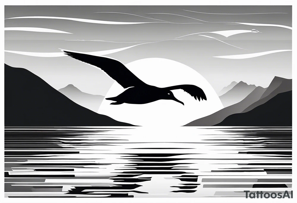 Black and white silhouette illustration of a sleek, minimalist albatross in flight, with a wide wingspan and streamlined body. The bird's silhouette captures its natural grace and power, with clean, flowing lines defining its form. The background features abstract, simplified representations of mountains, trees, and a body of water, all in soft, flowing shapes that enhance the serene, tranquil atmosphere. The overall design uses bold contrasts between the albatross and the background, creating a sleek, modern aesthetic while maintaining a sense of calm and elegance. tattoo idea