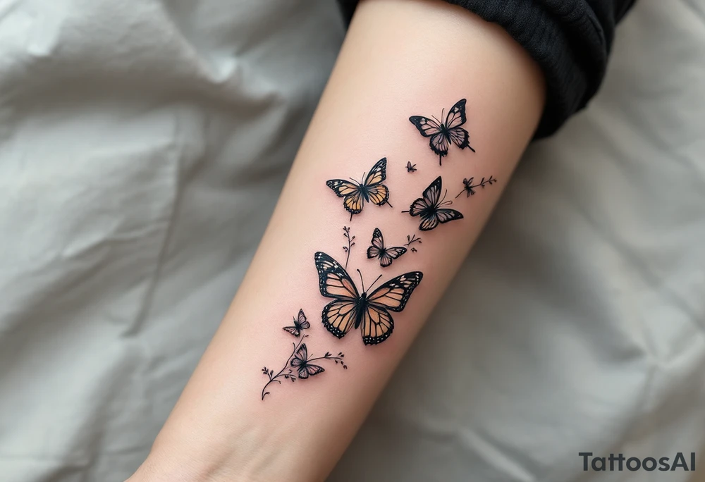 Tattoo of about 10 butterflies that look realistic and different sizes spaced out with some flower or vine tattoo idea