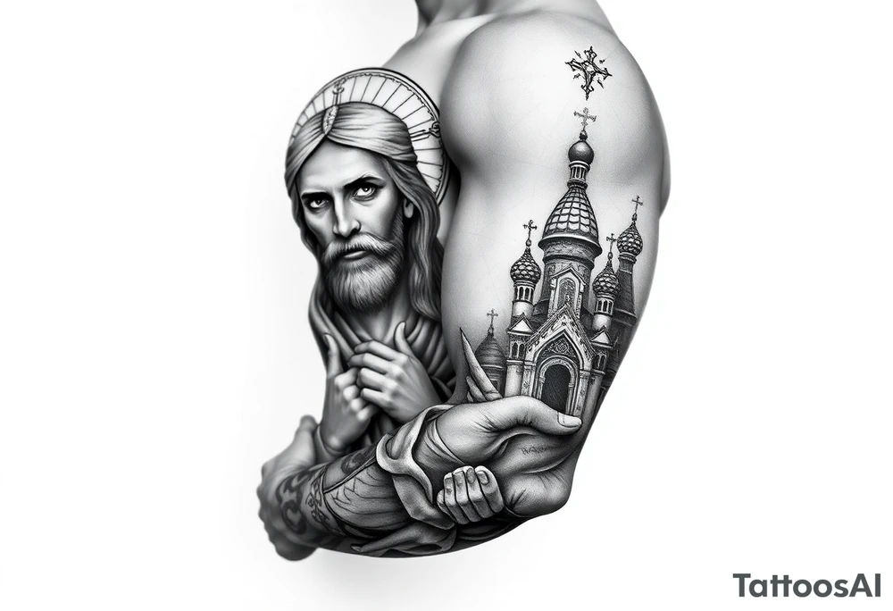 russian orthodox christian left arm tattoo with jesus & orthodox st basils setting tattoo idea
