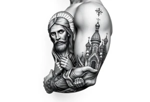 russian orthodox christian left arm tattoo with jesus & orthodox st basils setting tattoo idea