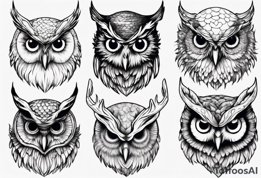 Owl with glistering eyes and antlers sticking out of it's head tattoo idea