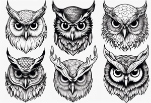 Owl with glistering eyes and antlers sticking out of it's head tattoo idea