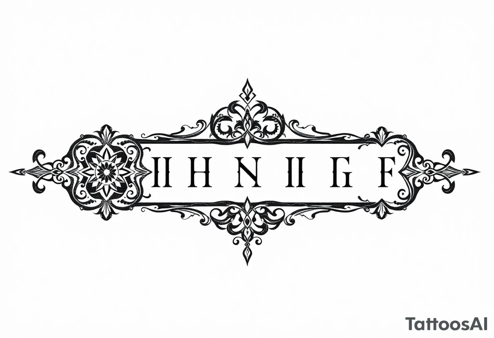 mystical long ornament tattoo with shaman and witch style and ancient rhyme letters outside tattoo idea