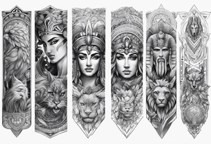 Arm sleeve. Mixed gods including. 
Greek gods & Egyptian gods & norse gods tattoo idea