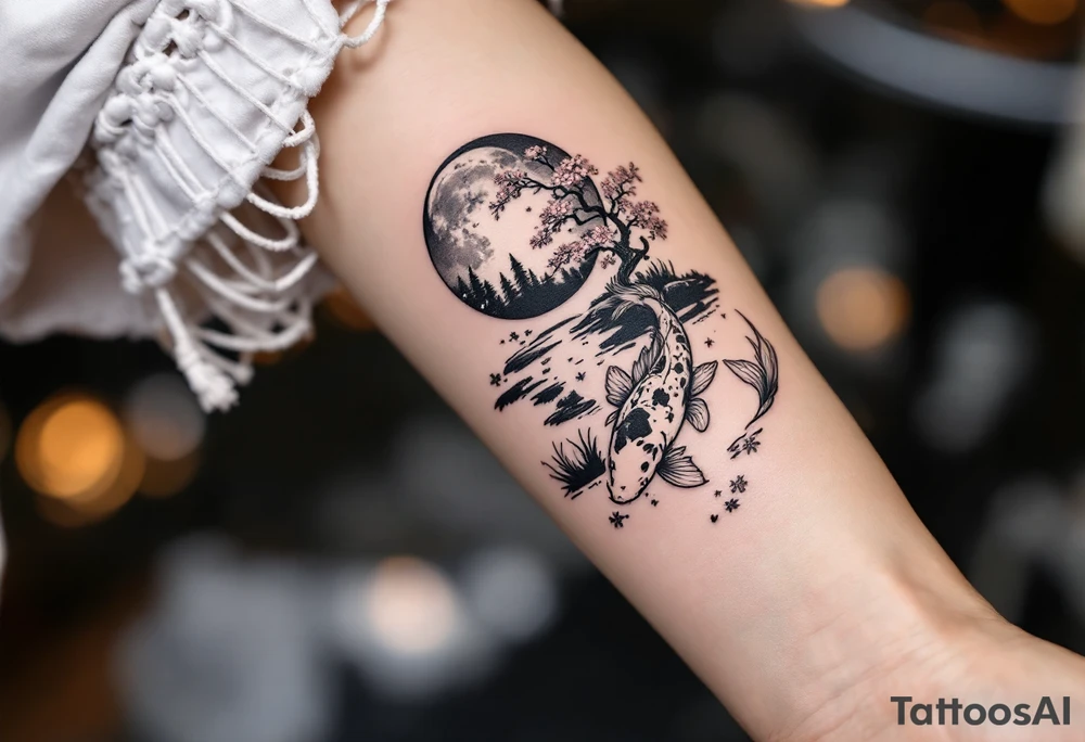 a koi fish swimming upstream in a pond moonlight by the full moon with a sakura tree by the pond tattoo idea