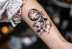 a koi fish swimming upstream in a pond moonlight by the full moon with a sakura tree by the pond tattoo idea