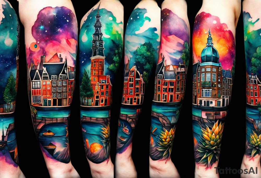 Arm tattoo, Animals, birds, stag, fox, watercolour of animals made from glass in Amsterdam featuring Amsterdam buildings and Amsterdam canal in galaxy colours featuring pineapples as space colours tattoo idea