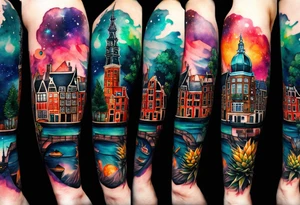 Arm tattoo, Animals, birds, stag, fox, watercolour of animals made from glass in Amsterdam featuring Amsterdam buildings and Amsterdam canal in galaxy colours featuring pineapples as space colours tattoo idea