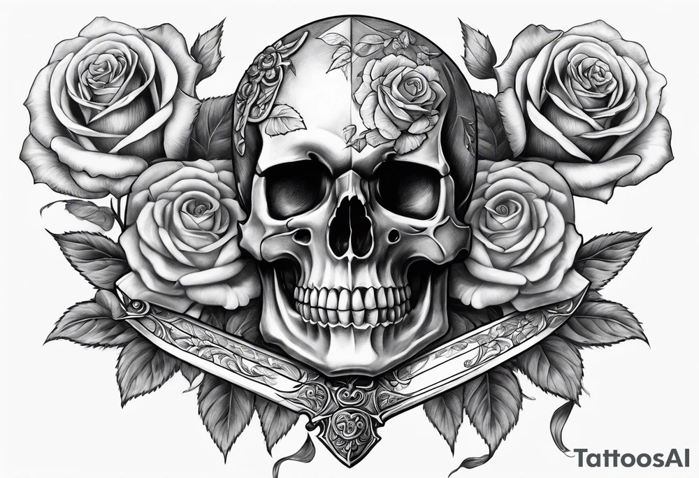 Sword and skull wrapped in roses tattoo idea