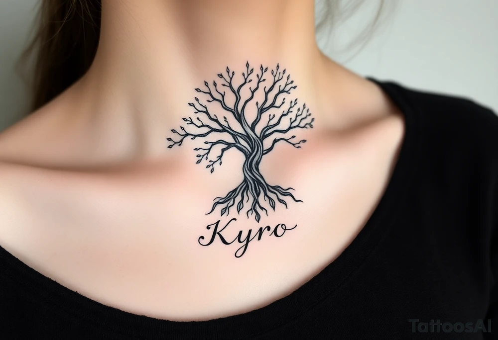 mystical tree of life with cosmic roots and celestial branches with the name Kyro tattoo idea