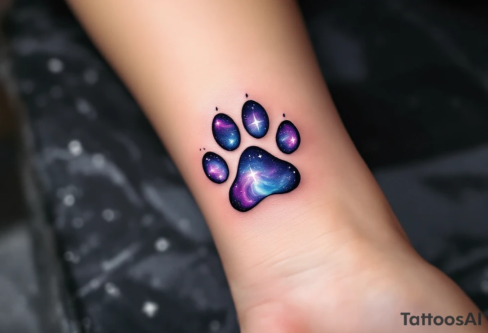 Galaxy Paw Prints – Small paw shapes filled with swirling purple, indigo, and midnight blue, with tiny white stars, resembling a galaxy trapped in each step. tattoo idea