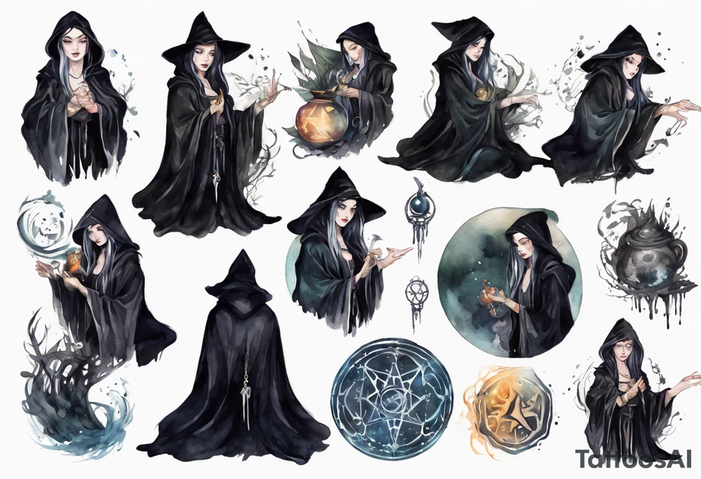 a wise sorceress with black hair dressed in a black cloak tattoo idea