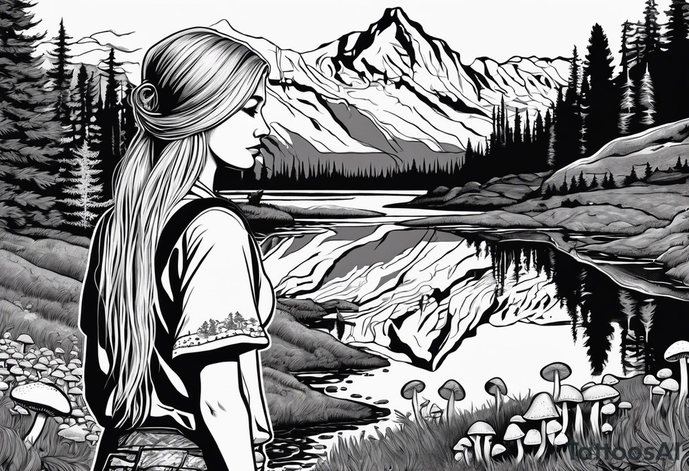 Whole picture encircled fully

Straight long blonde hair hippie girl in distance holding mushrooms in hand facing away toward mountains and creek surrounded by mushrooms long sleeve shirt and hiking pants; whole rendering within a full circle, no cut off circle tattoo idea