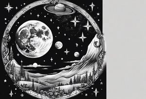 I want a crest moon and then dainty stars going from the moon down to the right and connecting with a Saturn tattoo idea
