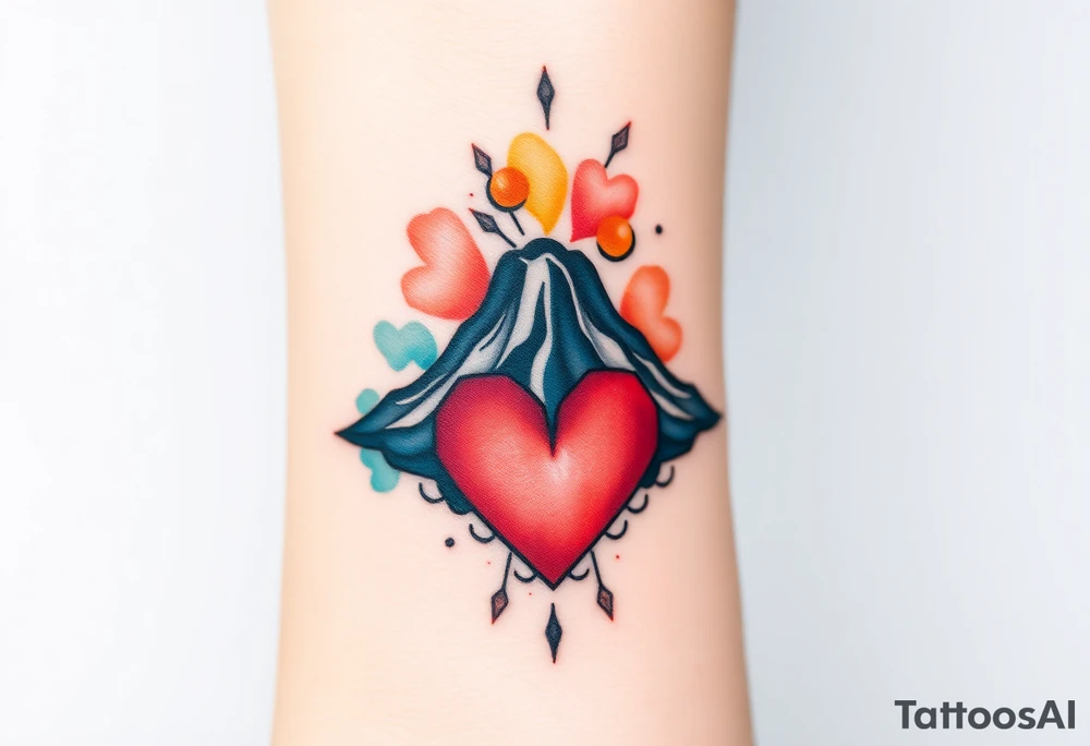 Geometric Volcano surrounded by a heart tattoo idea