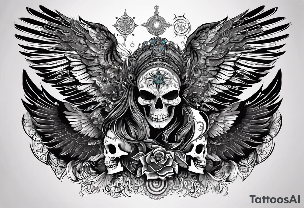 black kali, goddess pirate, alien, angel, pachamama, valkrye, warrior, flying, skull, lotus azul, wing, eagle, zenza resonance, stars, 5D, anahata chakra tattoo idea