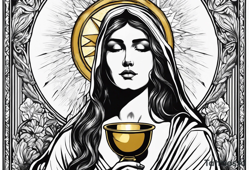 holy saint woman turned away with golden halo holding a chalice tattoo idea