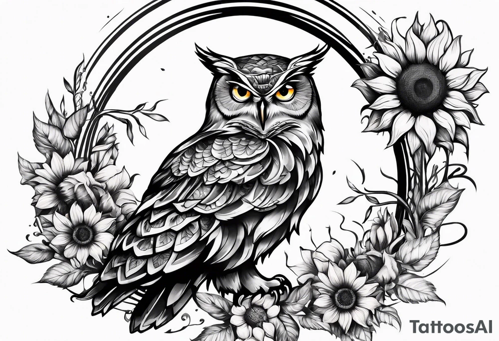 Owl and sunflower sleeve tattoo idea