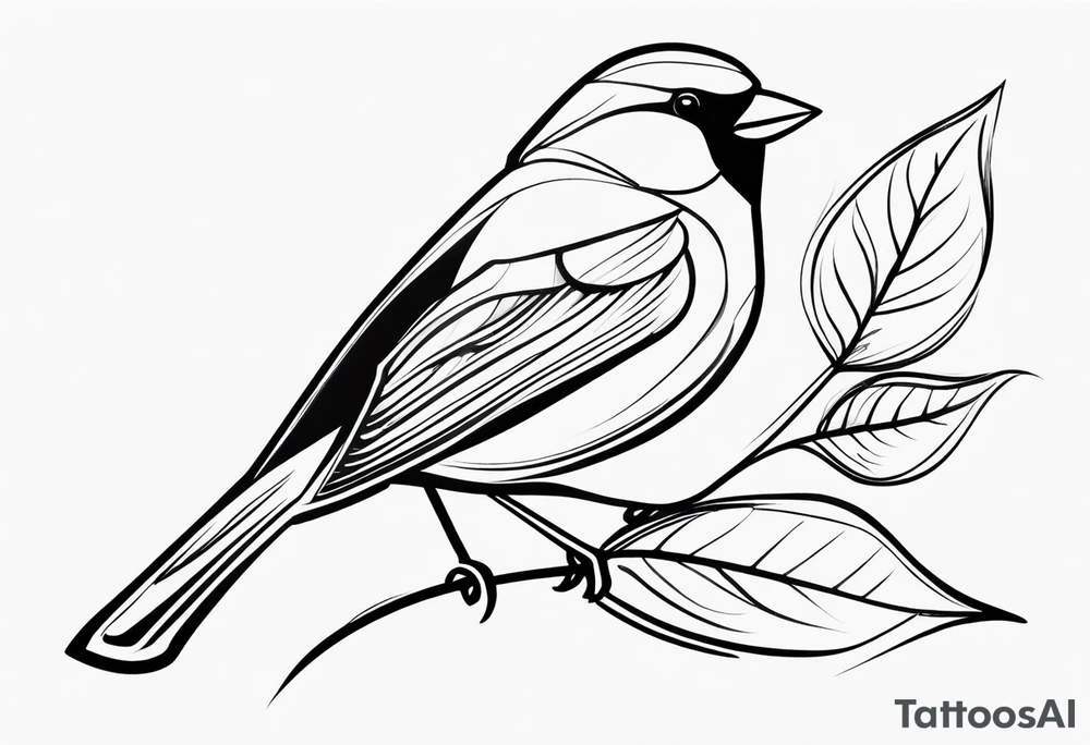 “Generate a simple tattoo design of a finch, showcasing its distinctive shape and a few delicate leaves to enhance the composition.” tattoo idea