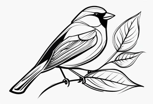 “Generate a simple tattoo design of a finch, showcasing its distinctive shape and a few delicate leaves to enhance the composition.” tattoo idea