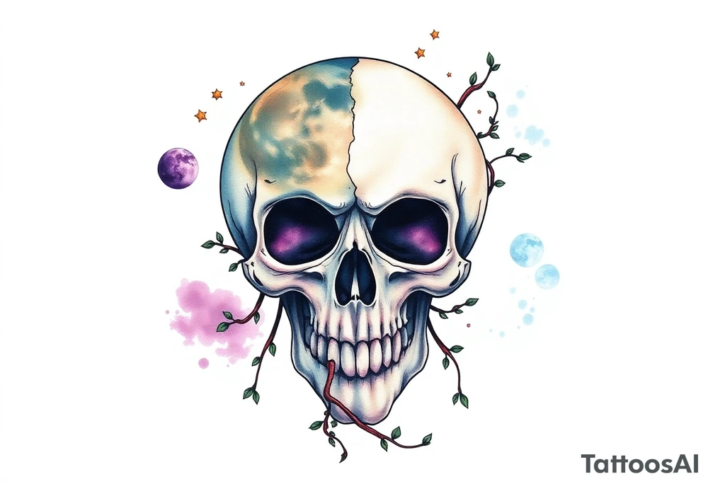 gothic skull as the moon and life as the sun. intertwined with climbing  vines as space dust connecting planets and galaxy in background of skull really bright colors used for the planets and stars shade's of Purple, Blue and black as the backdrop for galaxy tattoo idea