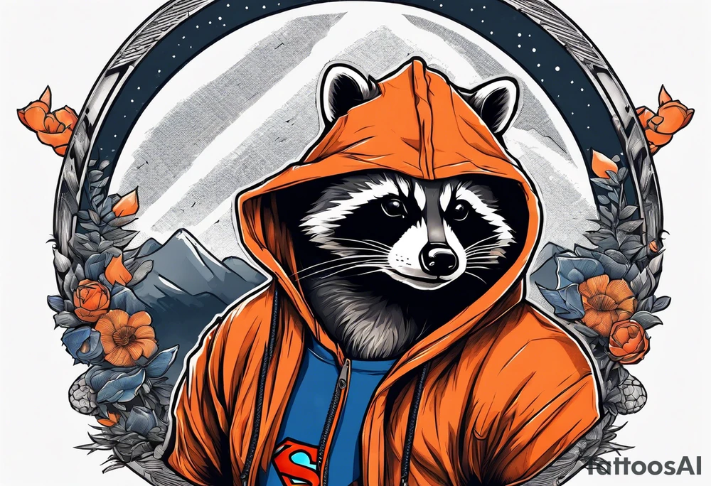 Raccoon wearing an orange Superman hoodie tattoo idea