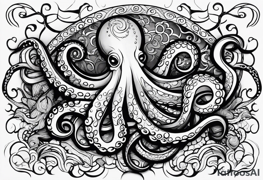 Tribal half sleeve. octopus surrounded by ribbons of water waves filled with fish. the octopus has no eyes. Use thick lines only with less detail. tattoo idea
