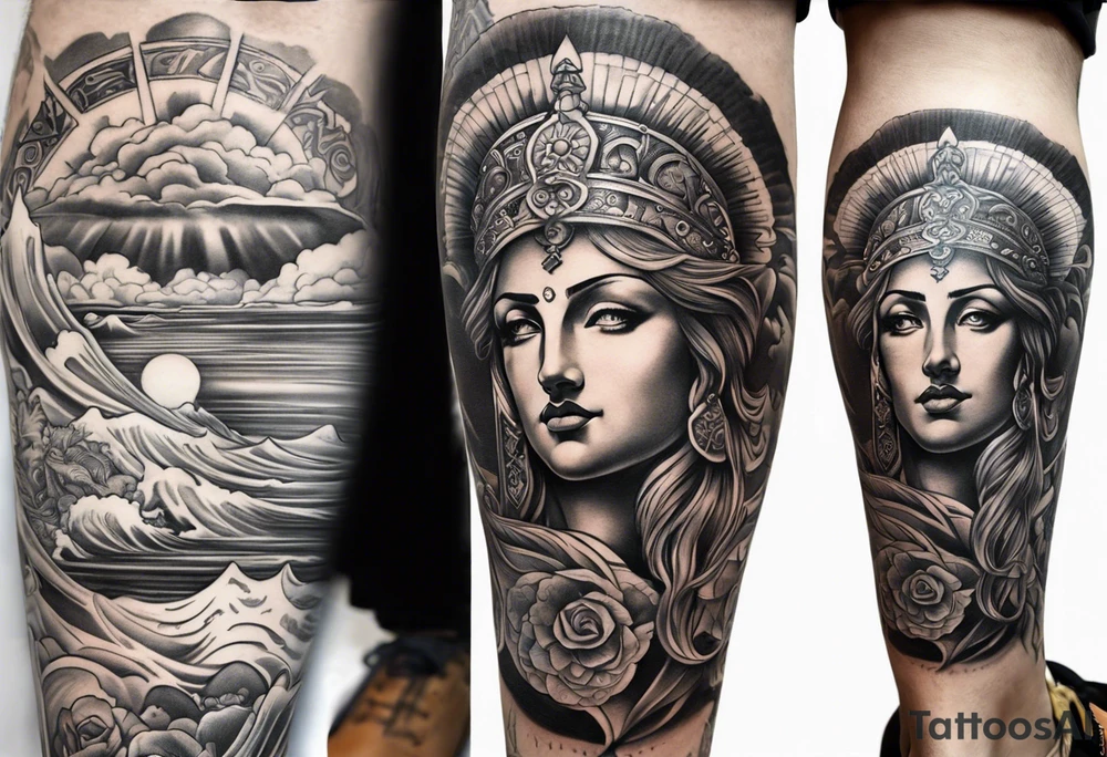 Leg sleeve with God on top representing god over everything, lower on the leg show things like money, drinking, something beachy, cards tattoo idea