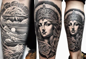 Leg sleeve with God on top representing god over everything, lower on the leg show things like money, drinking, something beachy, cards tattoo idea