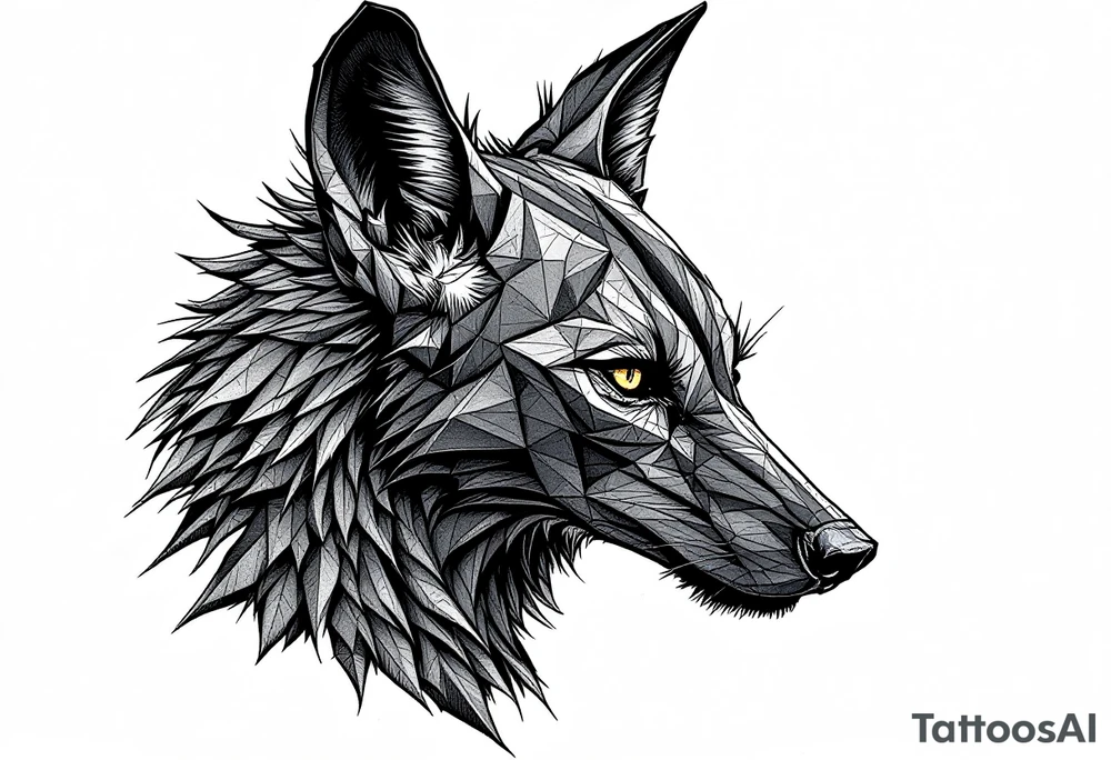 a mix of a jackal, a black hound, and Anubis, looking back, serious and daring tattoo idea
