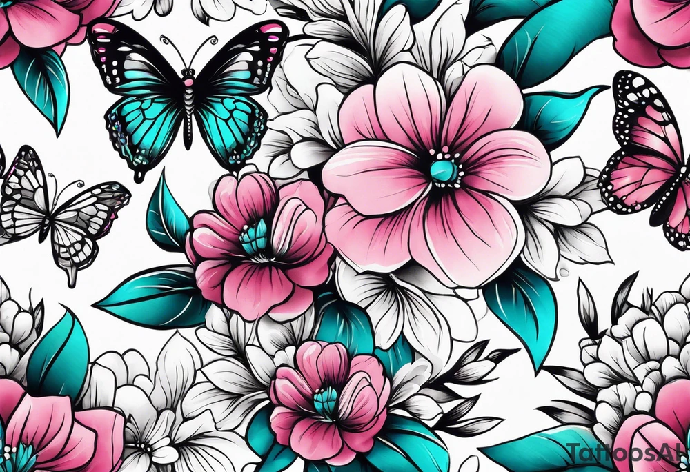 Female arm sleeve with pink, white, and teal flowers and butterflies tattoo idea