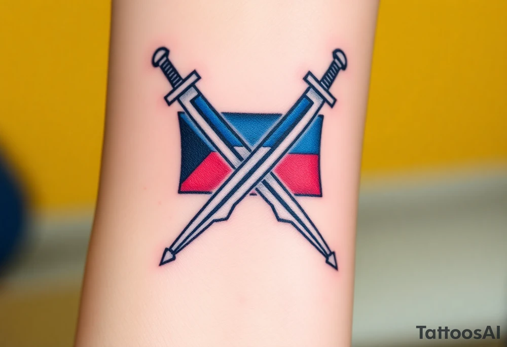 A pair of crossed swords with the Czech flag wrapped around them, symbolizing history and bravery tattoo idea