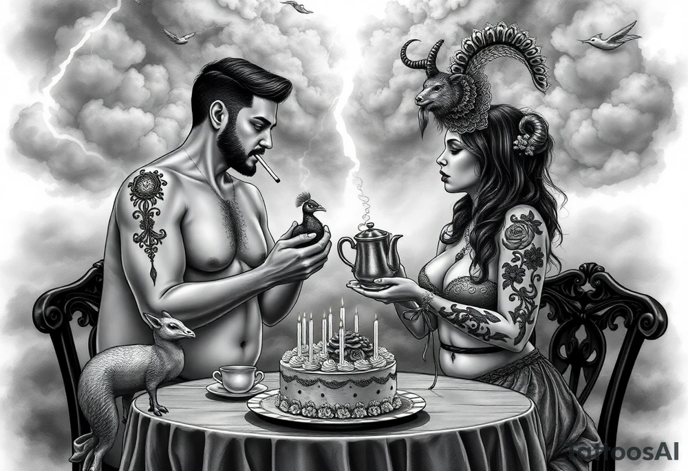 Mystical Naked Man and woman eating cake  having sex Storm lightening clouds gothic sexy naked fat lady having a tea party with tea pot and Victorian castle explosions
with a piggy, peacock, noose, lion, goat, smoking cigerettes looking in the mirror thru storm clouds with razor blades and broken hearts and darkness and wrath, envy , gluttony, greed, sloth, pride kill tattoo idea