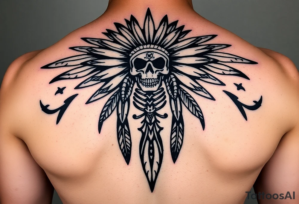 Traditional cherokee chief skeleton with spirit animals in the sky and moon and hazy clouds in the backdrop tattoo idea