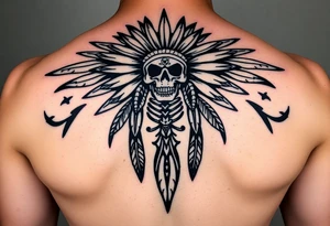Traditional cherokee chief skeleton with spirit animals in the sky and moon and hazy clouds in the backdrop tattoo idea
