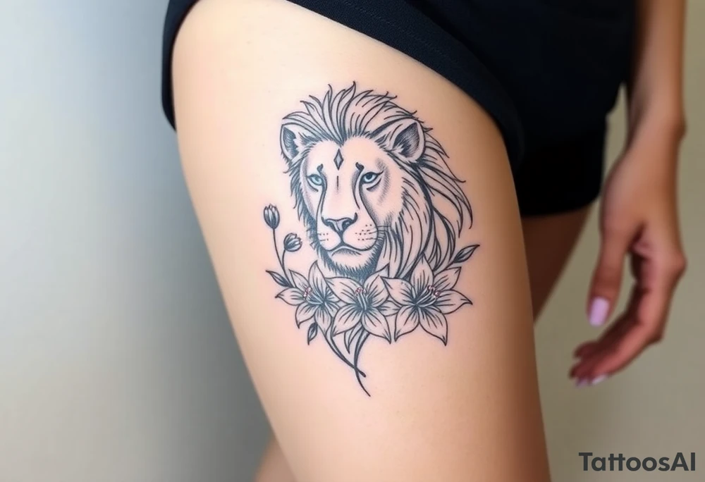 Lion with larkspur and water lilies tattoo idea