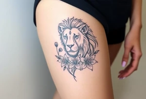 Lion with larkspur and water lilies tattoo idea